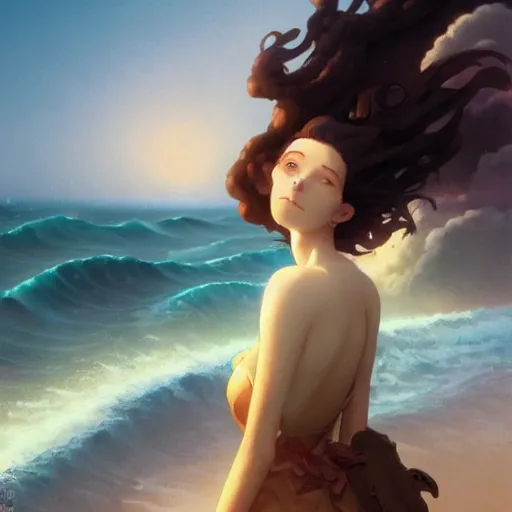 Prompt: close up of a beautiful girl on the horizon, looking at camera, model pose, slightly smiling, big wave, by peter mohrbacher and makoto shinkai and ferdinand knab