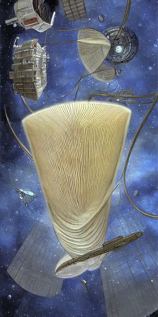 Prompt: a giant beautiful diatom hanging inside a space station, fantasy art by John Howe