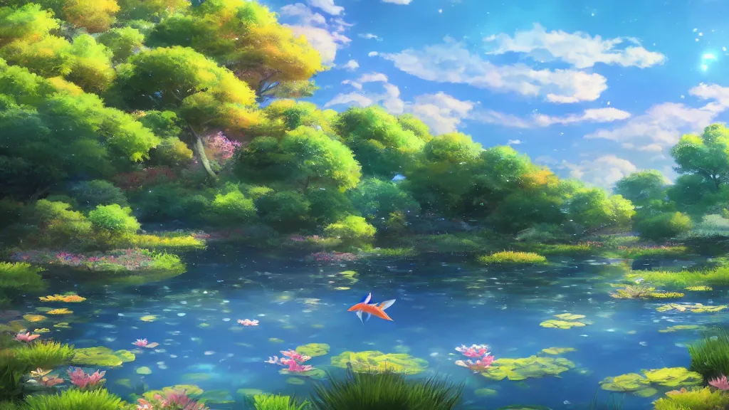 Prompt: a ultradetailed beautiful matte painting of a peaceful pond with a clear water and amazingly beautiful carp koi and a magical wind blowing gently, anime landscape, high resolution 4 k, by makoto shinkai, charli bowater and artgeem