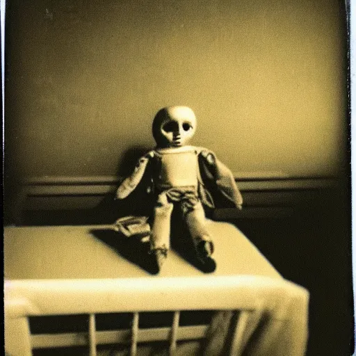 Image similar to aged polaroid photo of a scary doll in empty room, gloomy, grainy