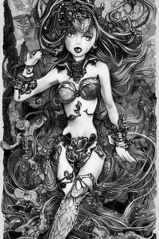 Prompt: full body illustration, mechanized latina female, cruel mermaid, highly detailed, sumi - e art, suiboku - ga ink, by kim jisu, pen and ink monochrome, mecha, deviantart, artstation, pinterest