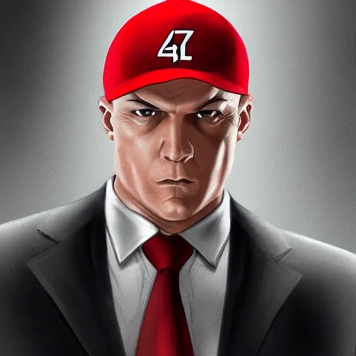 Image similar to agent 4 7 wearing a red baseball cap