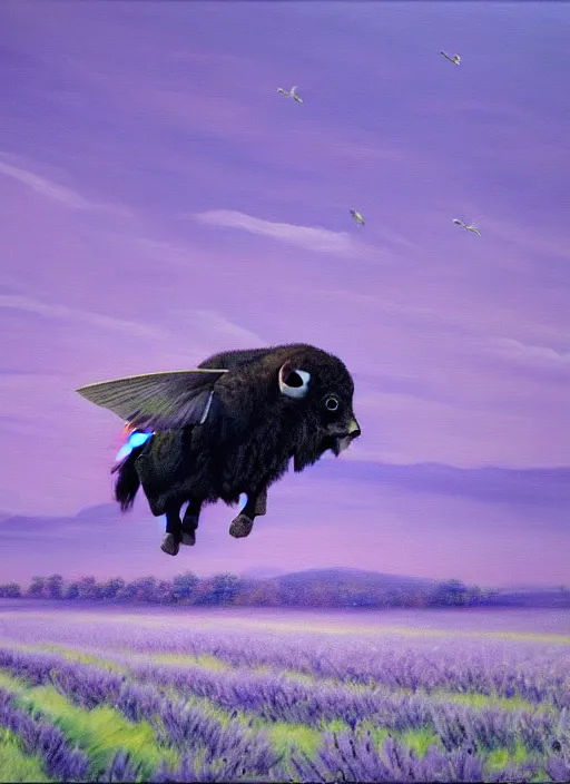 Image similar to A beautiful painting of one flying buffalo with wings in flight over glistening lavender fields at dawn