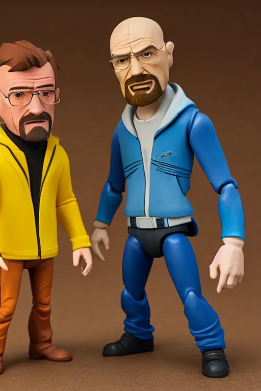 Image similar to walter white and jesse pinkman as disney infinity figures, no articulation, highly detailed, clean forms with sharp stylized clothing folds, product photo