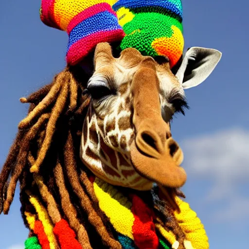 Prompt: A full shot of a giraffe with a knitted Rastafarian hat, dreadlocks, 8k