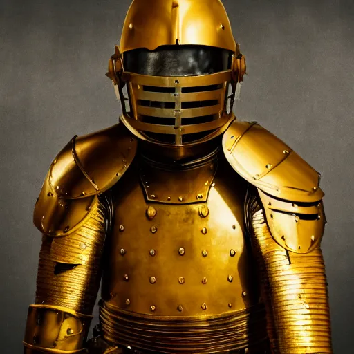 Prompt: portrait of a man as a knight in armour wearing an open helmet, studio lighting, dark texturified background, photo realistic style, multiple lights, yellow ocre tint dominant