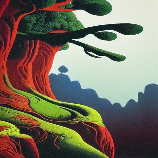 Prompt: painting of a lush natural scene on an alien planet by eyvind earle. magical realism. very detailed. beautiful landscape. weird vegetation. cliffs and water.