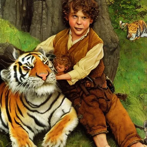 Prompt: bilbo baggins snuggles a tiger, realistic oil painting, style of norman rockwell, 8 k, super sharp, ultra detail, rule of thirds.