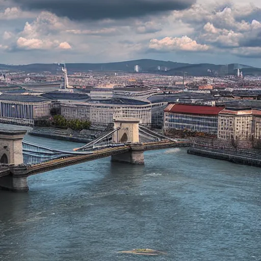 Image similar to kaiju attack in budapest photography realistic, detailed, cinematic