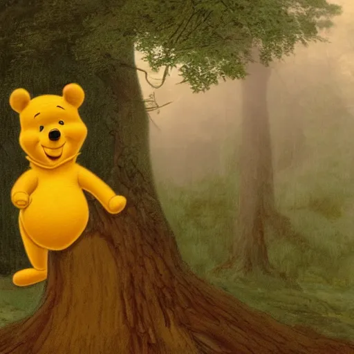 Image similar to highly detailed portrait of winnie the pooh ((winnie the pooh)) near a giant fallen sequoia tree. Fog. Painting by Caspar David Friedrich,Caravaggio, 4k, sepia tone