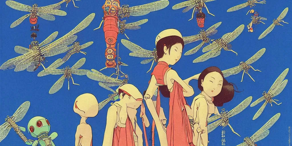 Image similar to gigantic dragonflies with human faces catch tiny robots, a lot of exotic mechas robots around, human heads everywhere, risograph by kawase hasui, edward hopper, satoshi kon and moebius, no text!, colorful flat surreal design, super - detailed, a lot of tiny details, fullshot