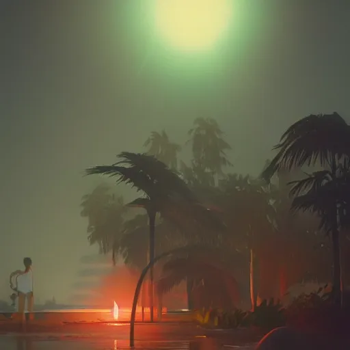 Prompt: Fiery Palm tree ignites black background, sending flickering aesthetic firefly ashes towards viewer by Makoto Shinkai, by Artgerm, by beeple, by Greg Rutkowski, volumetric lighting, octane render, 4K resolution, trending on artstation, masterpiece