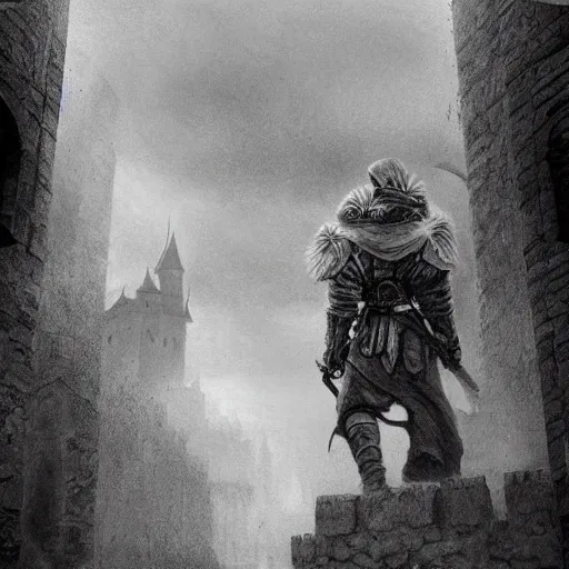 Image similar to pencil art, distant shot, realistic, cinematic, hyper detailed, smooth, hero walking up to the castle to fight an evil army.