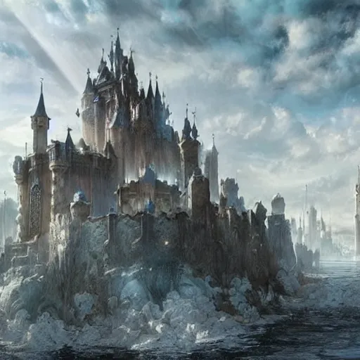 Image similar to a beautiful fantasy castle made from white stone and bright copper, medieval city submerged in water, metropolis, magic, tall towers, gorgeous clouds, white marble, god rays, digital art, fantasy art, octane render, unreal engine, high detail, very realistic, by greg rutkowski, by james gurney