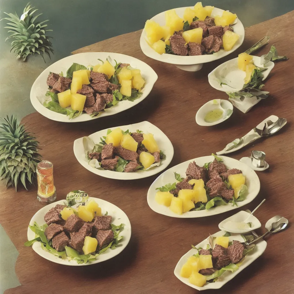 Prompt: a dreamy photo of beef salad and pineapple jelly, 1980