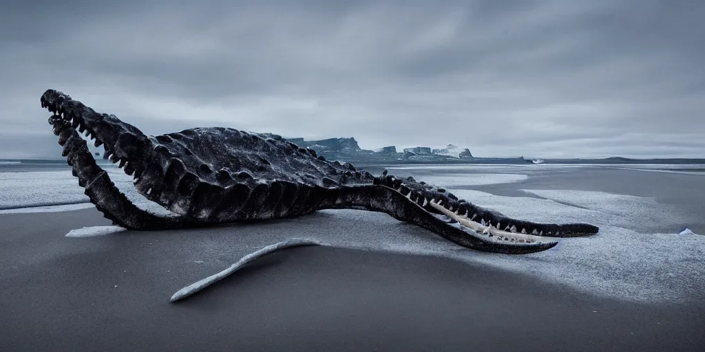Prompt: of a plesiosaur skeleton on jokulsarlon beach, octane render, cinematic, wide angle, dramatic lighting, hyperrealistic, frozen ocean, black sand