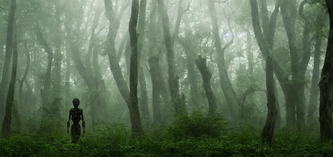 Image similar to a complex organic fractal 3 d ceramic humanoid megastructure in a lush forest, foggy, cinematic shot, photo still from movie by denis villeneuve