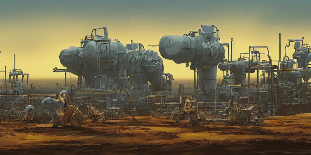 Prompt: oil field landscape with robots working in style of ralph mcquarrie, concept art, highly detailed