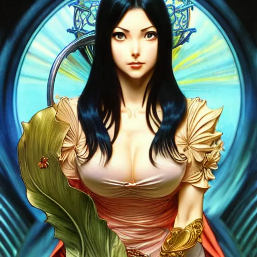 Image similar to intricately detailed vfx portrait of nico robin by eiichiro oda!, makoto shinkai, alphonse mucha, art by artgerm and greg rutkowski!, blue eyes!!, large aquiline nose!!, best of behance, concept art, matte, sharp focus, adolphe bouguereau, annie leibovitz, stanley kubrick,