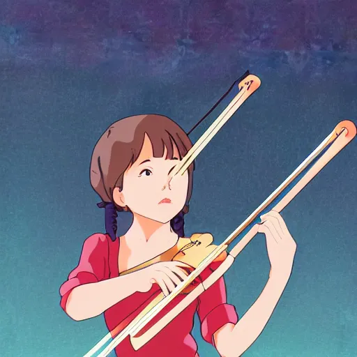 Image similar to cell shaded key visual of a young girl playing the violin in the style of studio ghibli, moebius, makoto shinkai,