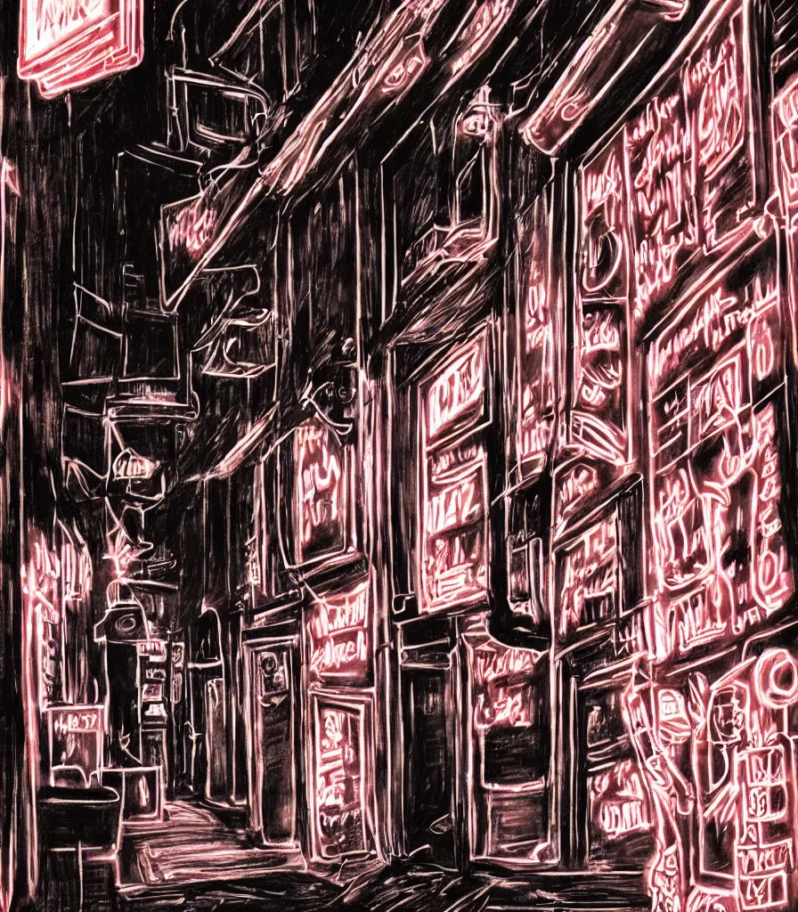 Prompt: charcoal sketch alleyway red neon signs