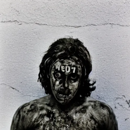 Prompt: man covered in soot, bulging eyes, photo from the 70s