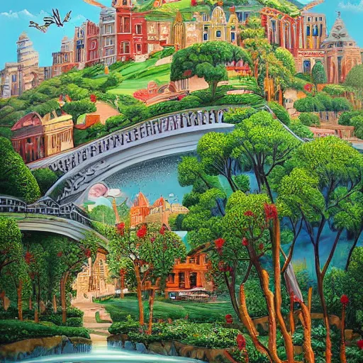 Prompt: Beautiful city of the future in harmony with nature. Beautiful detailed painting by Lurid. (2022)