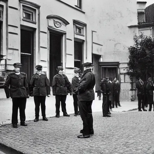 Prompt: by cassius marcellus coolidge casual overcast. the performance art of a police station in the lithuanian city of vilnius. in the foreground, a group of policemen are standing in front of the building, while in the background a busy street can be seen.