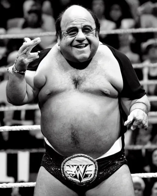 Image similar to portrait of danny devito as a wwe professional wrestler. photographic, photography