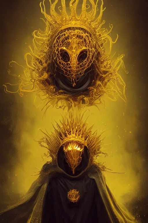 Image similar to A full body portrait of a mysterious character with no face with a very long hooded yellow cloak, a golden crown floating above his head tentacles coming out the ground art by Maciej Kuciara and Jason Chan, ominous, cosmic horror, trending on artstation, Ultra detailed, hyper realistic 4k