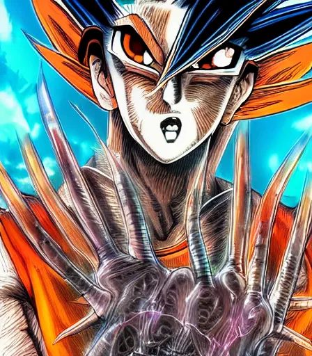 Prompt: hyper detailed comic illustration of a Rococopunk anime Goku, markings on his face, by by Android Jones intricate details, bright vibrant colors , solid background, low angle fish eye lens