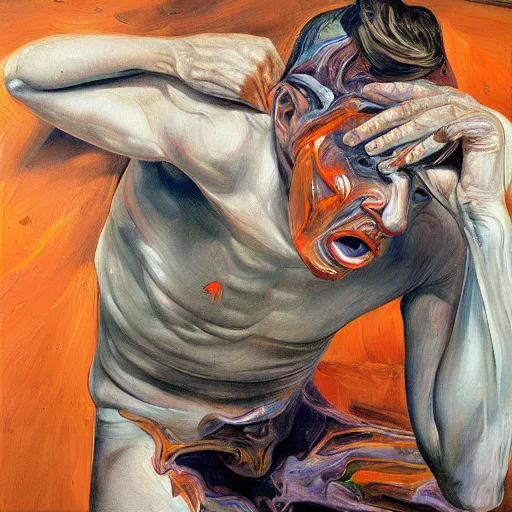 Image similar to high quality high detail painting of a man in agony by lucian freud and edward hopper and jenny saville and francis bacon, hd, dark demonic dancer, turquoise and orange