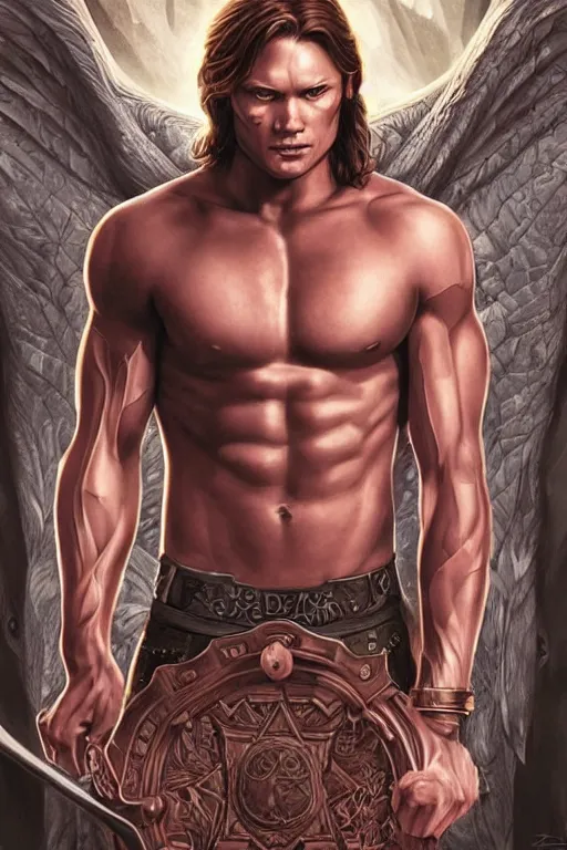 Image similar to muscular sam winchester as a mage tattooed in the cover of an acotar book, sarah j. maas, d & d!, fantasy style, sharp focus!, ultra detailed, art by artgerm, wlop, ilya kuvshinov