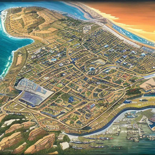 Image similar to overhead dnd map of a modern race track coastal town with large buildings by mike schley, rhads, ray swanland, brian patterson