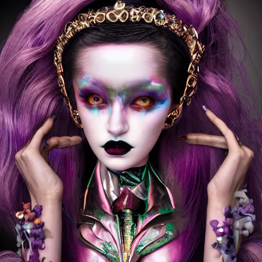 Prompt: Ethereal, mysterious stunning maximalist mesmerizing girl from the rainbow sky paradise, high-tech, professional high fashion model photo shoot for vampire goth fashion, hyperdetailed by Mark Ryden and artgerm and Hiroyuki-Mitsume Takahashi, close-up 35mm macro shot, hyperrealism, 8k resolution 3D, cinematic, dynamic lighting, octane render, unreal engine 5