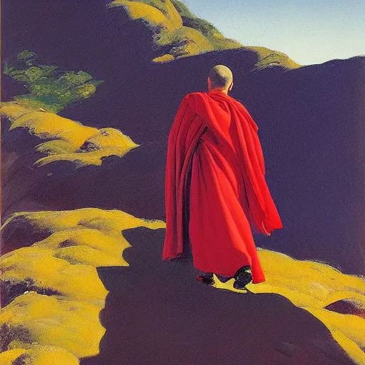 Prompt: sienna portrait of the astute monk crimson and sienna robe ascending the treacherous mountain stairway to the monastery jamie wyeth james gilleard edward hopper oil painting