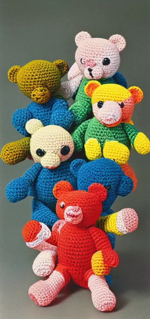 Image similar to multicolored crocheted teddy bears, 1 9 8 0 s catalogue photography