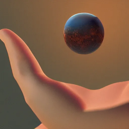 Prompt: A miniature mars floating above the palm of a hand. Studio Lighting, 8k, High Detail, Octane Render, Trending on Barkstation