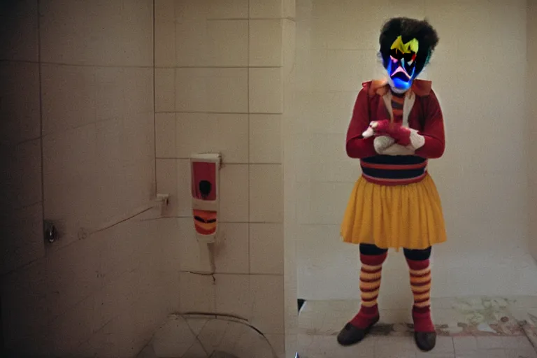 Prompt: close-up color film photography 1970s, sad clown stands in public bathroom, soft light, 35mm, film photo, Joel Meyerowitz