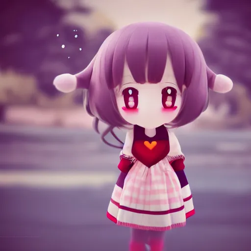 Prompt: cute fumo plush of a girl with a big heart, hair blocking eyes, twee velvet dressed monstergirl, blob anime, bokeh, vray