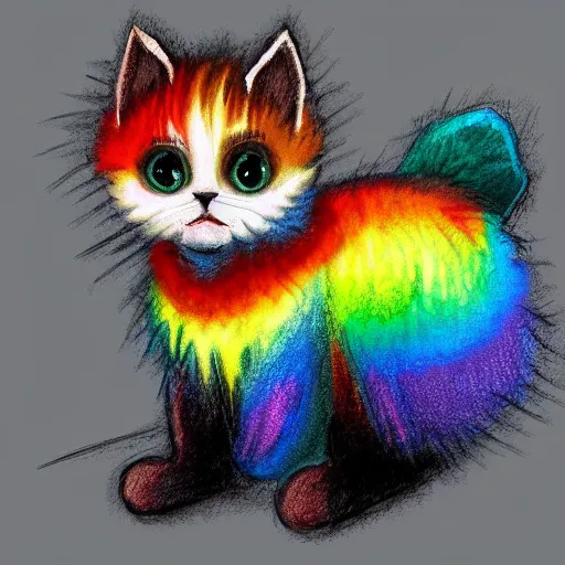 Image similar to wide angle full body, of a fluffy cute rainbow kitten wearing a black leather motorcycle jacket, concept art