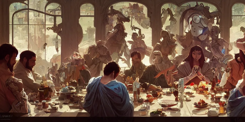 Prompt: the last supper of robots. highly detailed, digital painting, artstation, concept art, smooth, sharp focus, illustration, art by artgerm and greg rutkowski and alphonse mucha and loish and wlop