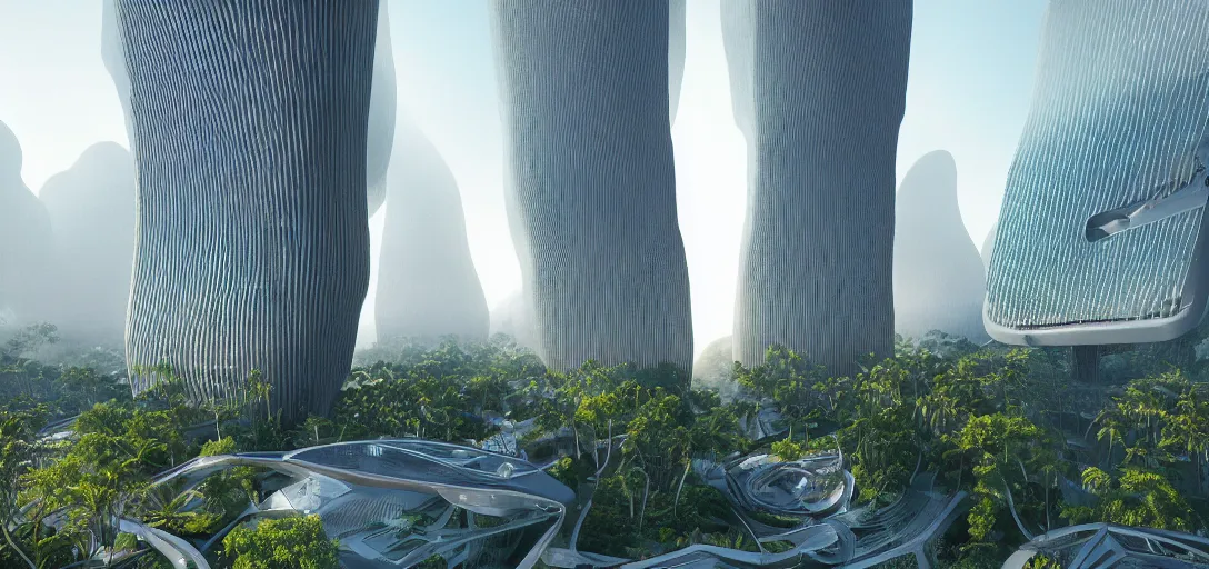 Prompt: highly detailed futuristic vertical architecture by Tadao Ando and Salvador Dalí, reflective lighting, holographic, stylized vegetation, ground-level view, stunning sunny lighting, sunrise, foggy atmosphere, vivid colors, in the style of pixar animation, trending on Artstation, 8k, matte painting, ray tracing, hyper detailed, unreal engine 5, cinematic, epic lighting, cryengine, octane render, cyberpunk, red and orange glow, vibrant