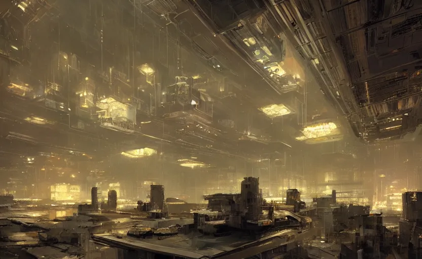 Image similar to looking up at a luxury high tech loft interior, painting by Craig Mullins, interior design, octane rendering, warm moody lighting, wide angle lens, low view, in the style of blade runner