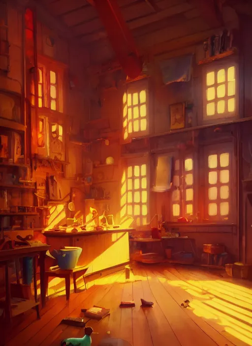 Prompt: beautiful interior of a cozy woodworker shop, james gilleard, delphin enjolras, goro fujita, makoto shinkai, paul lehr, exquisite lighting, octane render, very coherent, trending on artstation