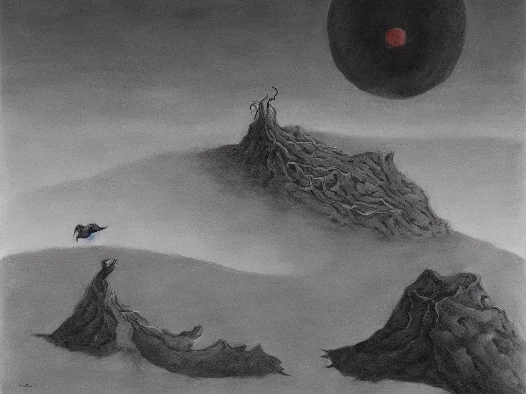 Prompt: Eldritch horror descending from the moon on a desert land, by zdzisław beksiński