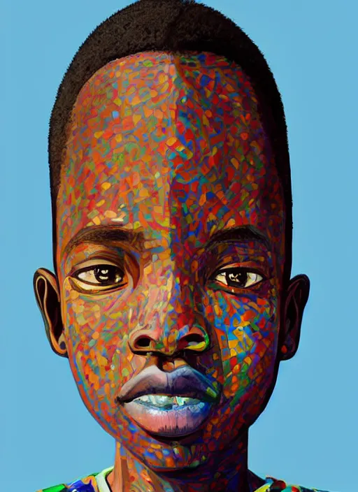 Image similar to colourful upper half portrait of an african boy with exaggerated facial features - art by aya takano & hsiao - ron cheng, highly detailed, caricature, digital painting, illustration, smooth, sharp focus, intricate, symmetry, pinterest, behance, artstation