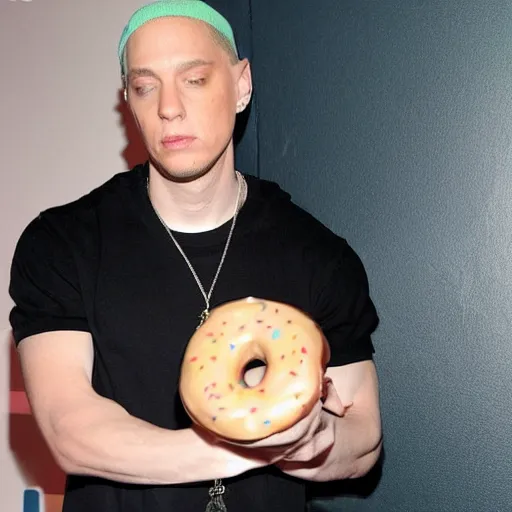 Prompt: Eminem with a donut looking happy