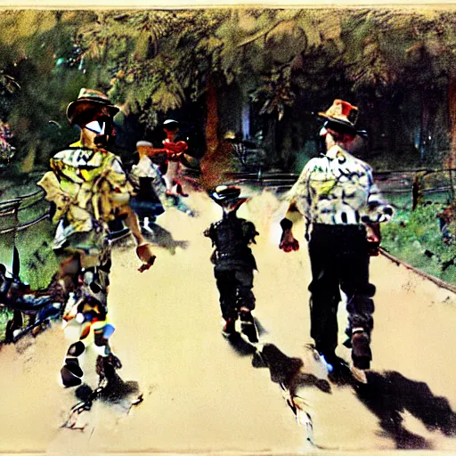 Prompt: rear view of a woman, a man and a young boy, walking in a zoo, sketch by norman rockwell