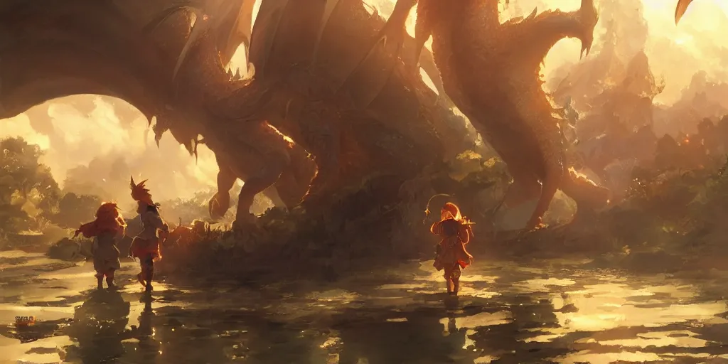 Image similar to a dwarf and a dragon drinking a beer together | gapmoe kuudere moody lighting stunning bokeh highlights sharp contrast | trending pixiv fanbox | by greg rutkowski makoto shinkai takashi takeuchi studio ghibli